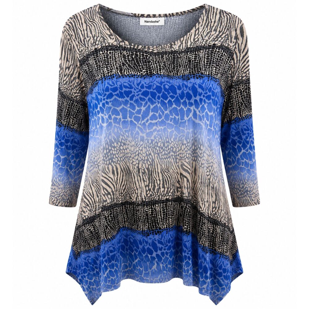Cover Charge 1X Blue Animal Print Sheer Tunic Top 3/4 Sleeve Plus Size